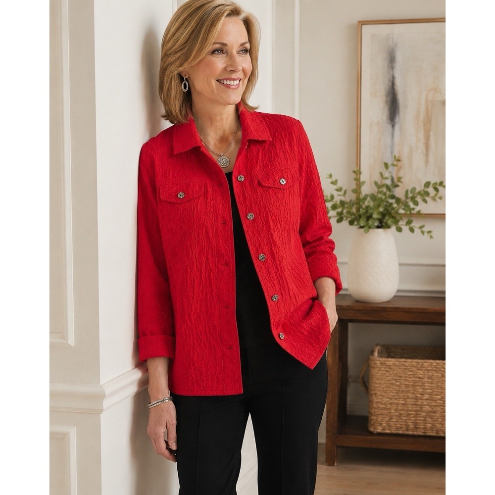 Chicos Size 1 Red Textured Jacquard Button Front Jacket Shirt Top Women's - Picture 1 of 8